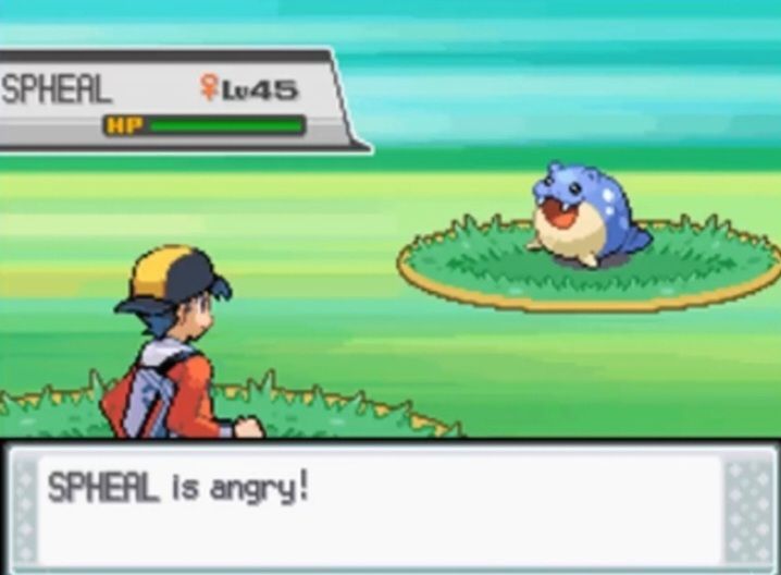In game screenshot from pokemon hgss of a wild spheal encounter in the safari zone. Text says "SPHEAL is angry!"