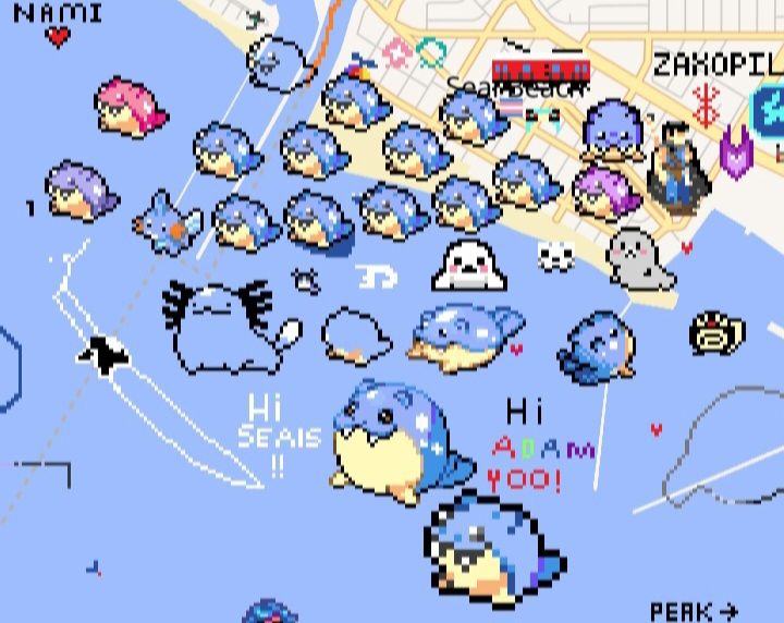 A map of Seal Beach in California on wplace (a website where people draw pixel art on a world map). There are lots of sprites of the pokemon spheal drawn there