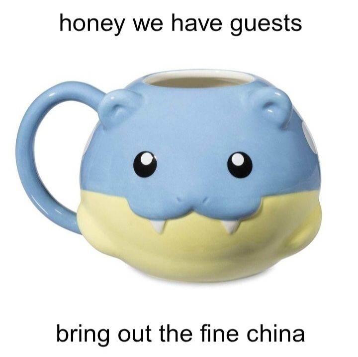 Picture of the new spheal mug on the pokemon center website with caption "honey we have guests, bring out the fine china"