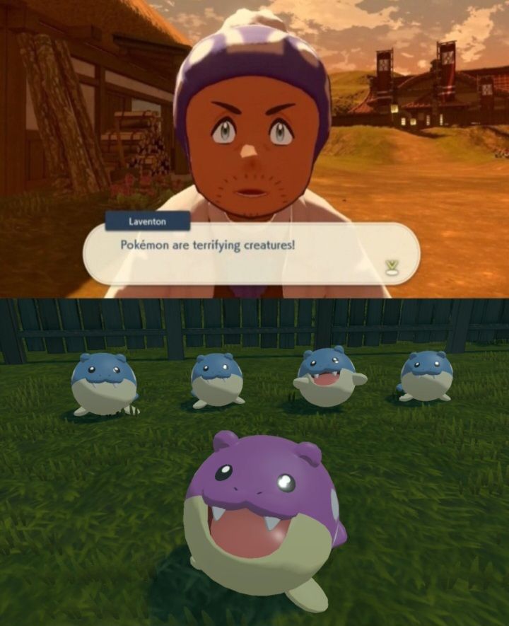 Laventon in pokemon legends arceus saying "pokemon are terrifying creatures!"
The image at the bottom is a group of spheals smiling at the camera. A shiny spheal is at the front
Meme