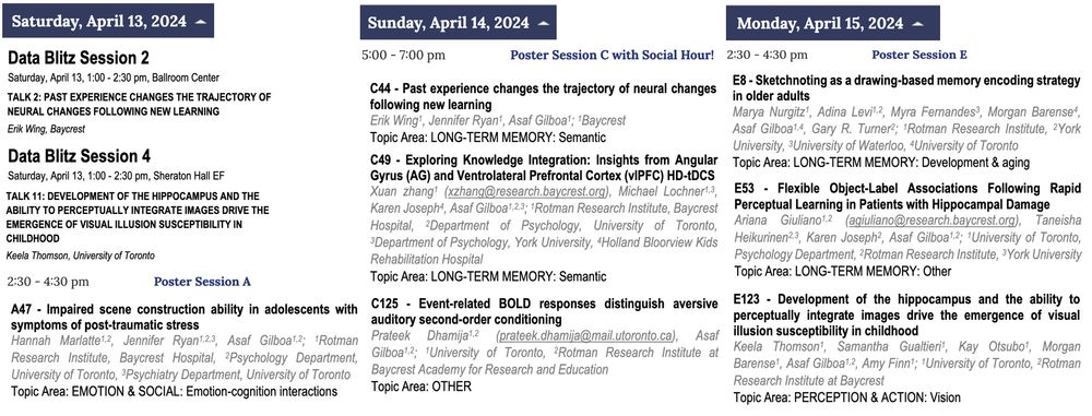 Saturday blitz session 2 is Erik Wing, and session 4 is Keela Thomson. Poster session A is Hannah Marlatte. Sunday Poster session C is Erik, Xuan Zhang and Prateek Dhamija. Monday Poster session E is Marya Nurgitz, Ariana Giuliano and Keela Thomson