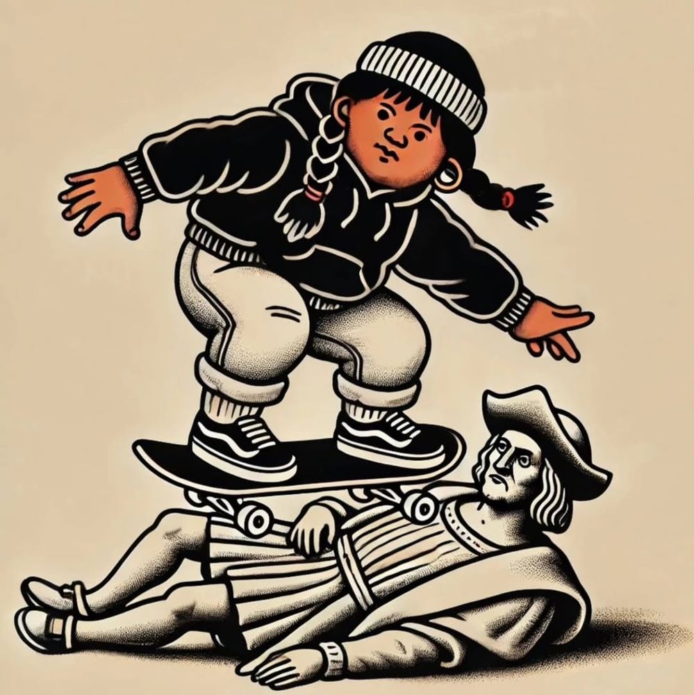 A brown indigenous youth skateboards over a statue of Columbus