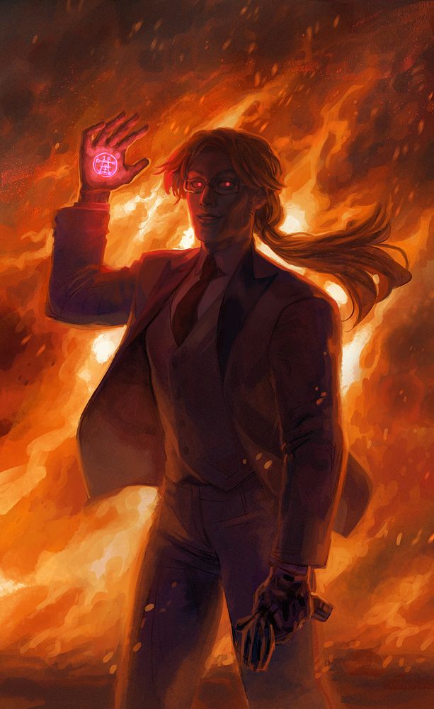 A man in a 3-piece suit silhouetted by flames holds up his right hand, showing off a red demonic marking and smiles with glowing red eyes.