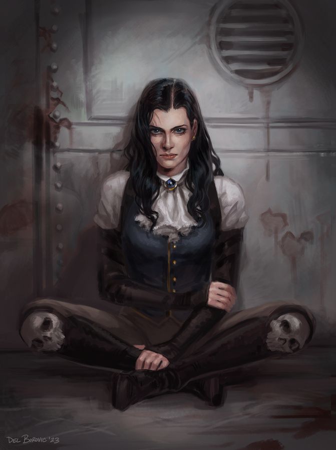 Morgan Rhalls, inquisitorial agent, sits cross-legged on the floor, back against a rusty metal wall, looking at the viewer with an intense guarded stare.