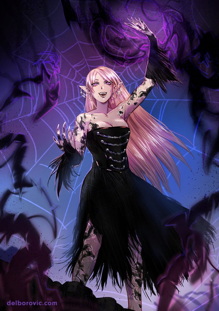 A grinning elf lady with long pink hair and a black feathery dress raises up an arm to control black crackling magic, with purples, blues and the shape of a spiderweb behind her.