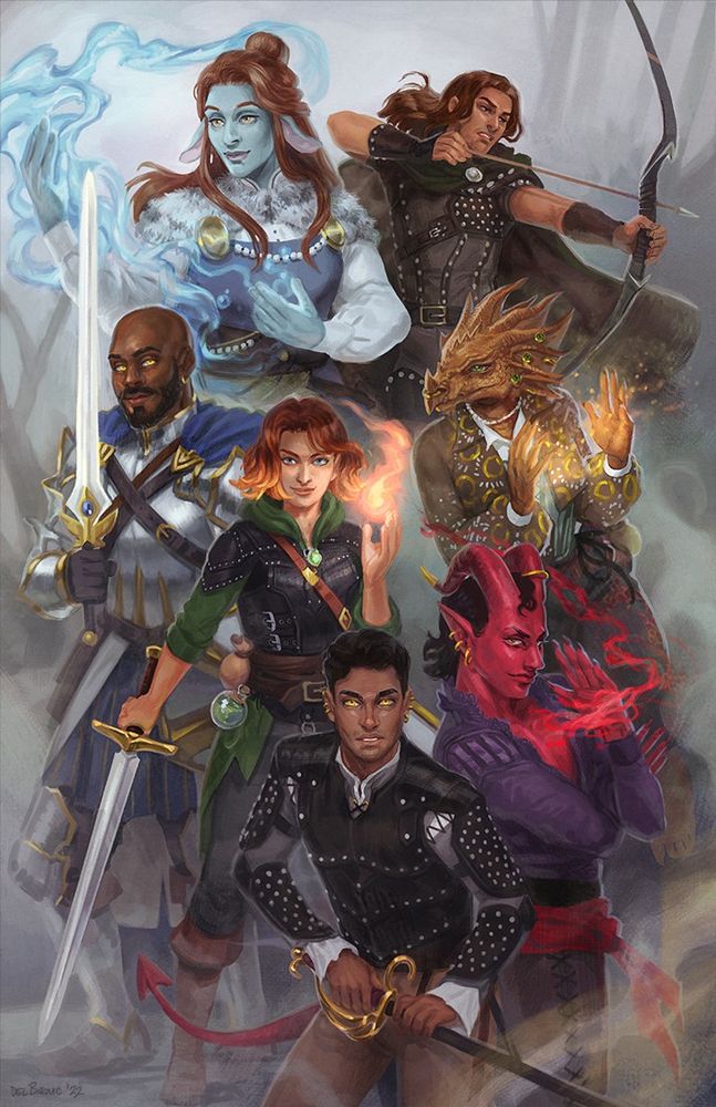 A 7-player D&D party poses with their weapons arranged in an oval layout, poised for battle.