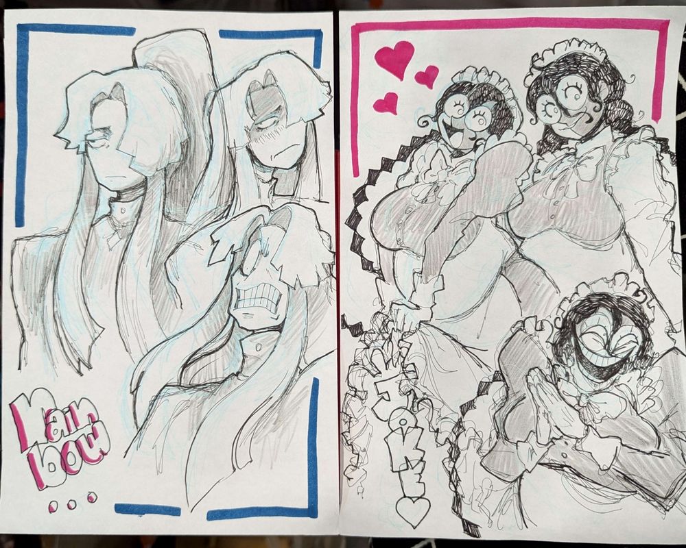 pen sketches of a very serious woman named rainbow, and pen sketches of a very emotive maid named Joke.