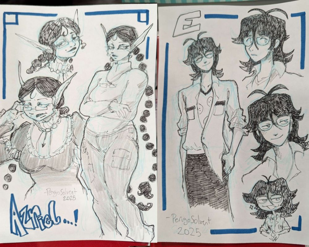 Pen sketches of an Unamused nonhuman woman named Azriel, and pen sketches of a conniving dude in glasses named E.
