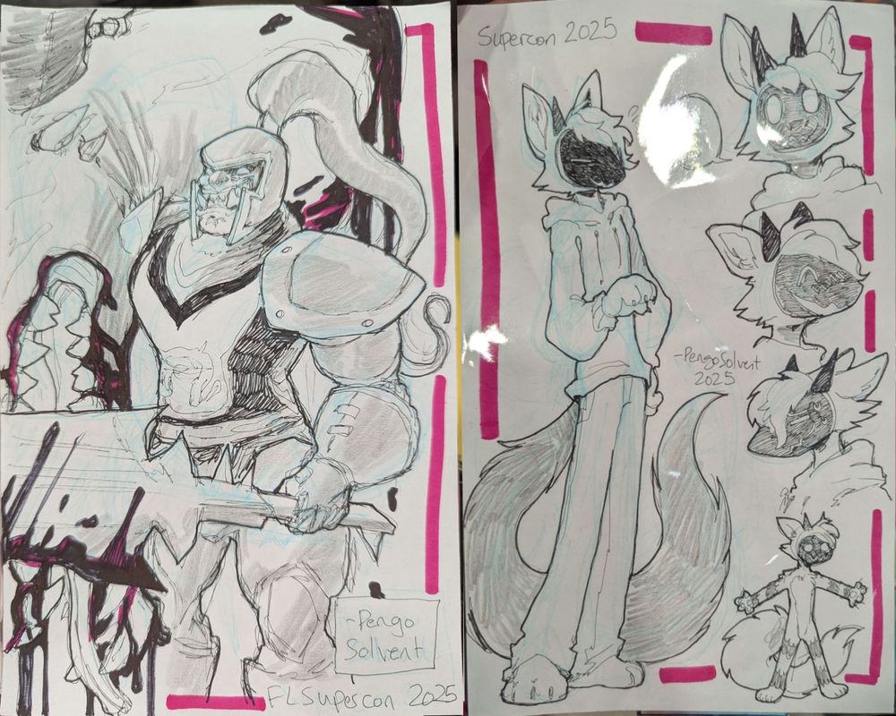 Pen sketch of an orc knight carrying the decapitated head of a dragon as his sword is bloodied, and pen sketch of a protogen furry making a few different expressions.