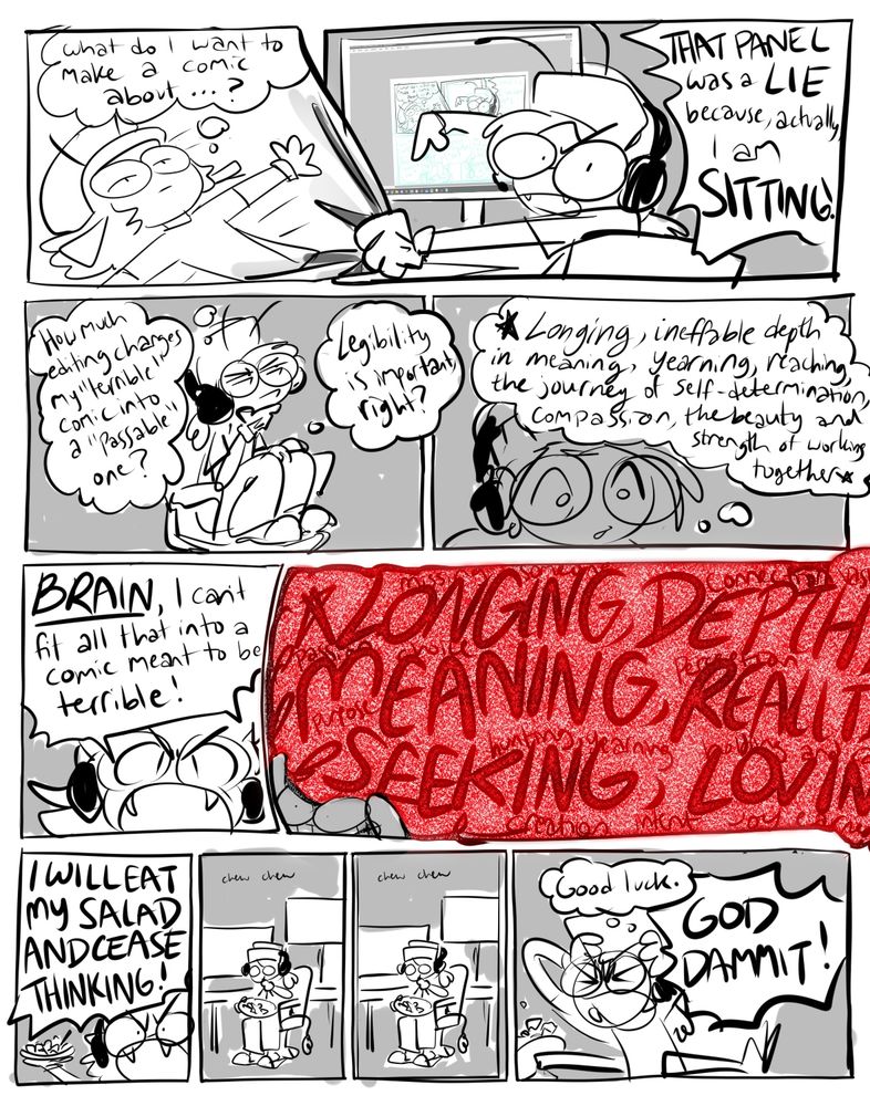 the same comic but drawn in black with slight shading, but still not very cleaned up. the artist tries to figure out what to draw for make a terrible comic day 2025, and their brain keeps trying to propose really lofty ideas. At the end they say they will just eat salad and stop thinking, but in the last panel the artist's brain thinks "good luck", causing the artist to yell "GOD DAMMIT!"