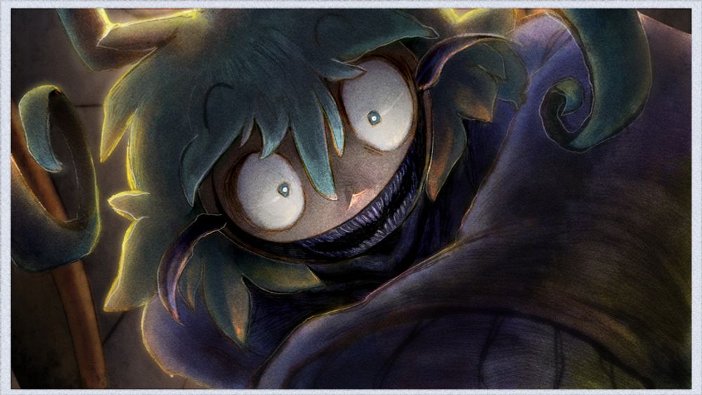 Digital art of a character close up to the viewer, hand even closer, presumably grabbing someone. The character is smiling with wide eyes, his mouth full of teeth, small and thin.