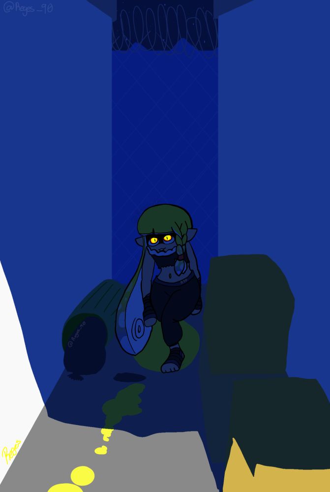 A dark alleyway somewhere near the city, there's a inkling hiding in the shadows, menacingly waiting for someone to attack ( it's Neo hiding in the shadows)