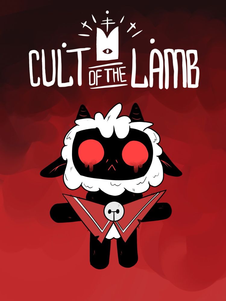 Cult of the Lamb poster, background is red, a cartoony lamb with red eyes