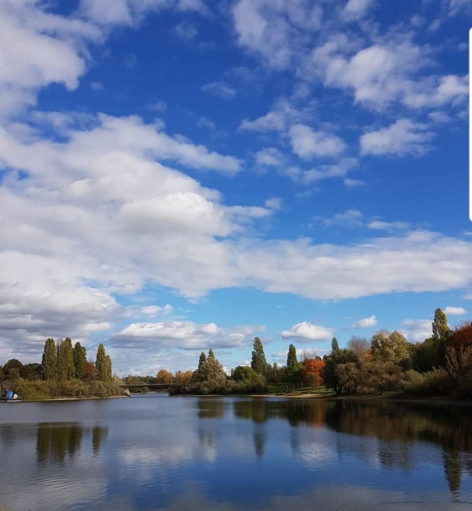 Malerische Szene mit einem See im Vordergrund, dessen Oberfläche die Bäume und den Himmel spiegelt.

​Der Himmel ist ein strahlendes Blau mit vielen weißen, aufgelockerten Wolken.
​Am Ufer gibt es eine Reihe von Bäumen, einige davon sind noch grün, aber einige zeigen bereits Herbstfarben wie Orange und Braun.

​In der Ferne, über dem Wasser, ist auch eine Brücke oder ein Steg erkennbar.
 Es ist ein sehr schöner Anblick, an einem sonnigen Herbsttag
