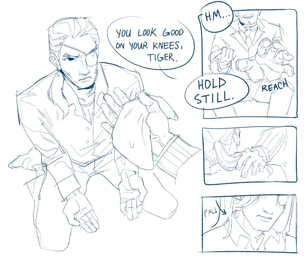 Comic WIP of Yakuza 0 era Majima sat knelt with palms up submissively seen from a tall, looming angle. 