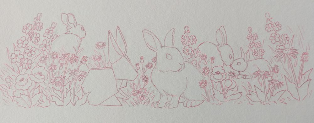 Pencil drawing of a field of flowers with some bunnies sitting around. Among them there is an origami bunny.