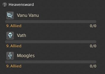 Reputation meter from Final Fantasy 14 showing that the Ethera is Allied, the maximum bond rating, with the Vanu Vanu, Vath, and Moogles.