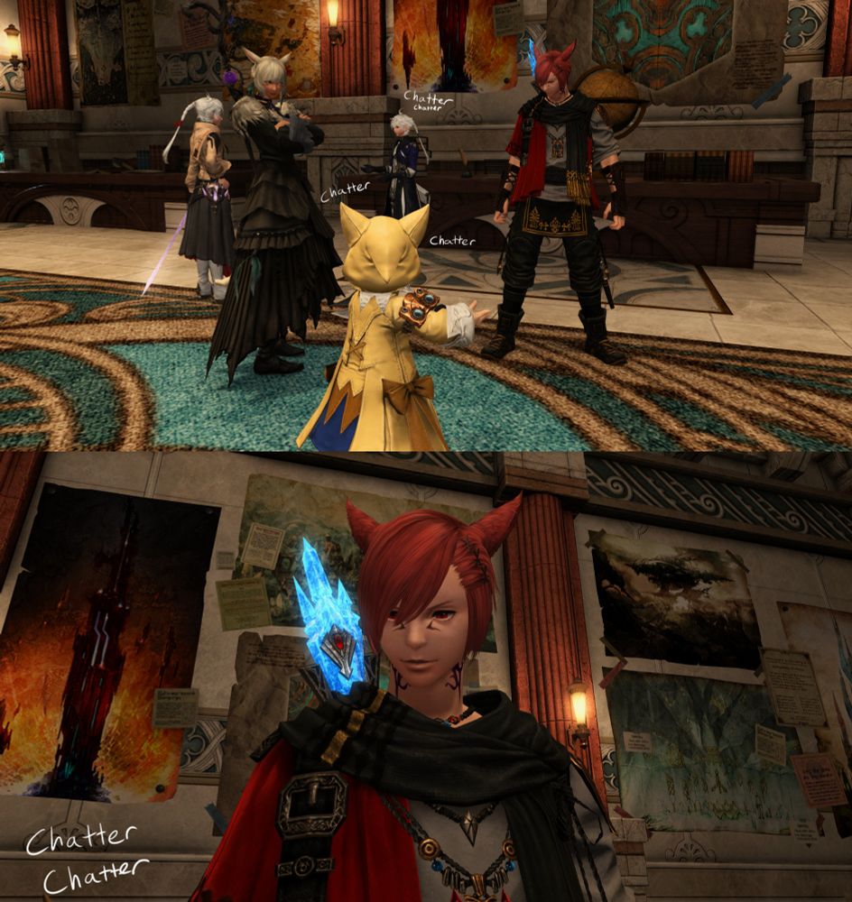 Panel 1: Half of the Scions of the Seventh Dawn standing around chatting. Krile is speaking to Y'shtola and G'raha while Alphinaud and Alisaie stand in the background talking to each other.
Panel 2: The camera focuses on G'raha who's looking down at Krile as she discusses their plans with Y'shtola.
