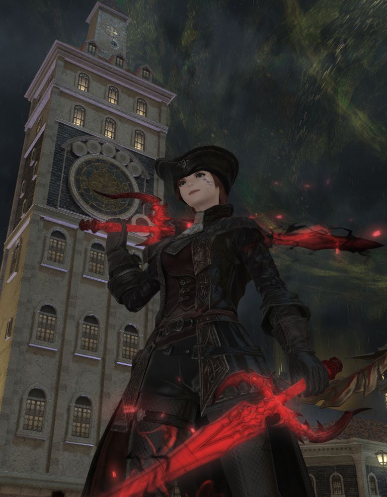 Ethera in a Lady Maria glam wielding two swords that are red and black and glowing.