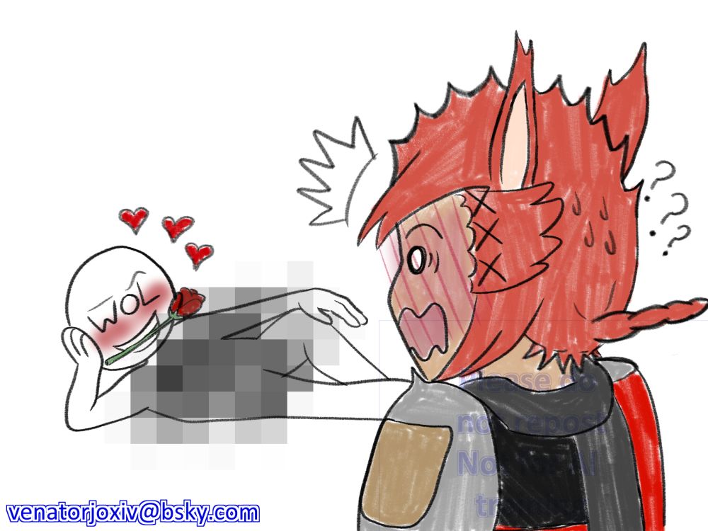 The Warrior of Light lounges provocatively before G'raha Tia with a rose in their mouth clearly wanting sex, and G'raha is shocked and flustered and confused.