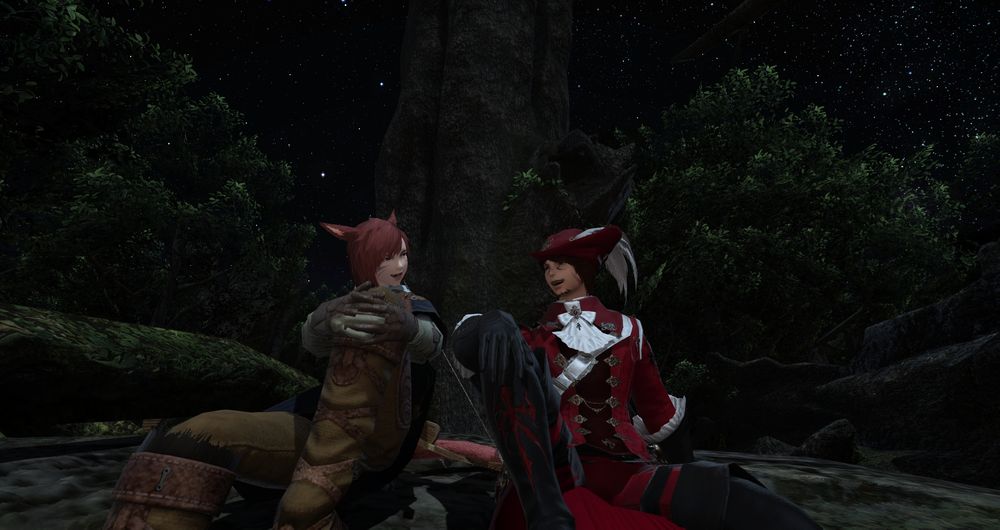 Two Miqo'te, and woman and a man, sitting on a log in the forest against the canopy of stars glittering in the night sky