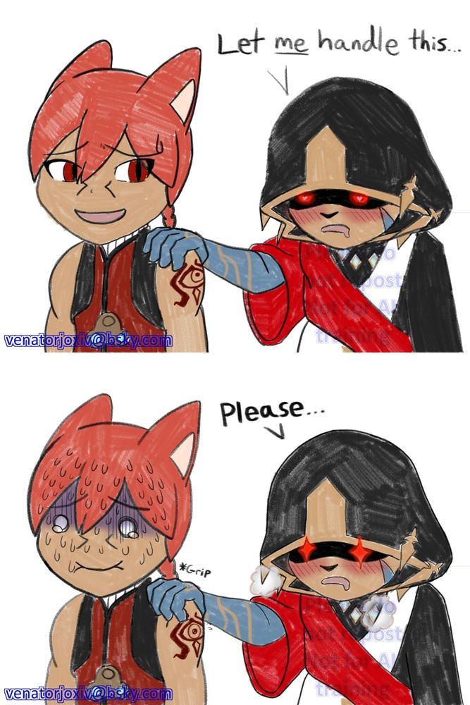The hand is revealed to be the Crystal Exarch's who is glaring up at G'raha, blushing and clearly bothered and he states to his other self "Let ME handle this..." He then squeezes G'raha's shoulder in a horny grip, which causes him excruciating pain, and emphasizes his intent further with a "PLEASE..."