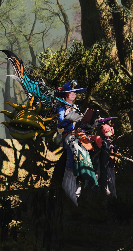 Ethera sitting on a dilapidated treehouse in the Black Shroud with a notebook as she scrawls down notes. Her Morbol seedling and G'raha Tia minion are beside her.