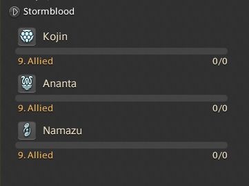 The Reception screen from Final Fantasy 14 showing I have achieved level 9, Allied, with the Kojin, Ananta, and Namazu.