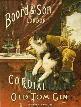 An old colour drawing of a cat lounging in a chair with a drink advertising Boord & Son's Old Tom gin.