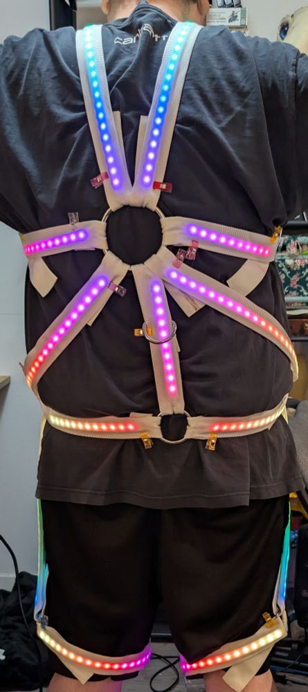 7-Point 'Full' Style Harness with added Leg/Thigh straps. Back view. Rainbow LED mode. 