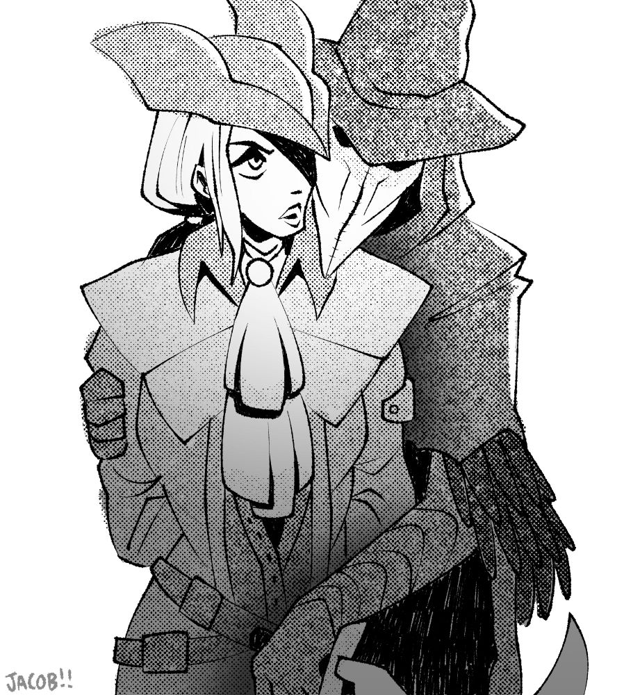 Eileen the crow eerily embracing lady maria of the astral clocktower from behind.