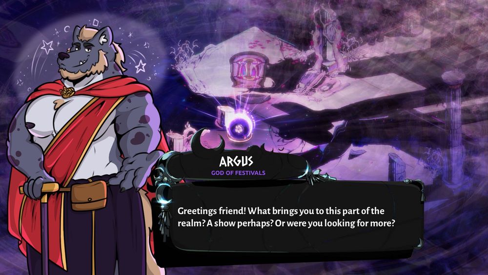 a Hades 2 style commission featuring Argus, the god of festivals. He wears a red cape and sash with a poppy shaped pin and a purple skirt. He holds his hand out to you and says "Greetings friend! What brings you to this part of the realm? A show perhaps? Or were you looking for more?"