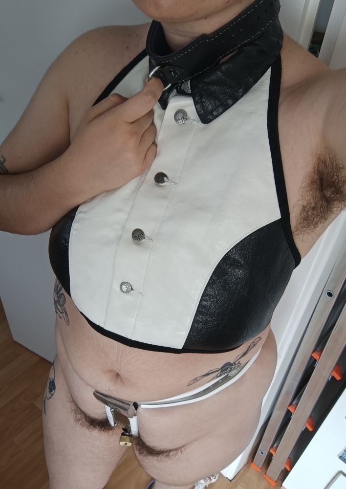 Photo of me, a white curvy person posing in a black leather collar, faux leather sleeveless black and white crop top and my steel & white silicone chastity belt. It's pressing down my belly fat and revealing my thick bush, and my hairy armpit is in full view