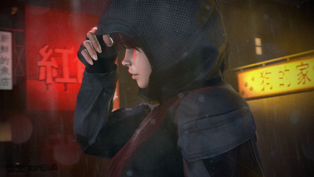 My OC, Soumi, standing in the rain in a city with neon lights while wearing a hood to cover her face.