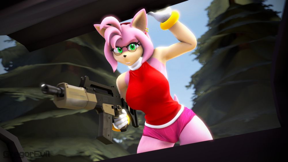 This depiction of a certain pink hedgehog, "Rosy," points a G36 rifle at the viewer who is placed inside the back of the trunk of a vehicle.