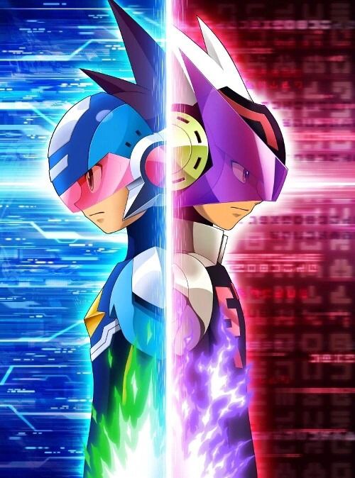 Similar to the last image, but the two appear as Mega Man and Rogue instead. More details are seen in the background, further showing the contrast between the two.