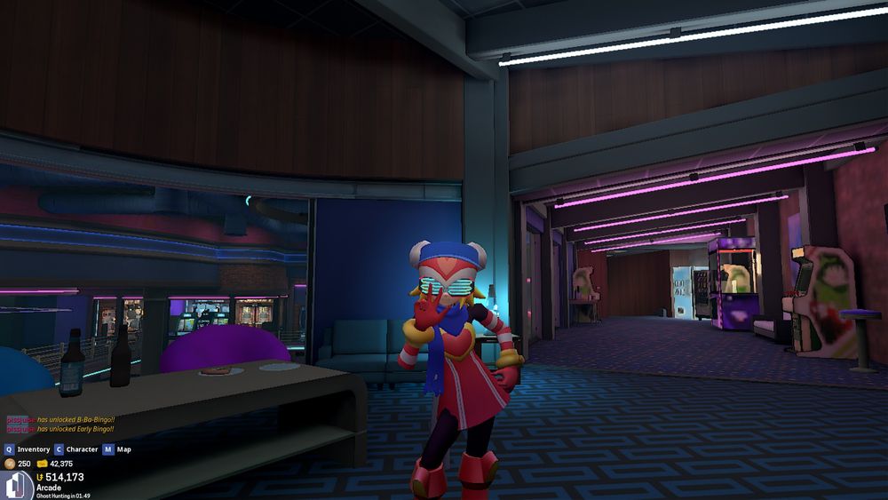 Screenshot of Tower Unite.
Harp Note wearing a visor hat, neon shades, and a blue scarf (me) is doing a peace sign at the Arcade, near the top where the TV is (not shown).