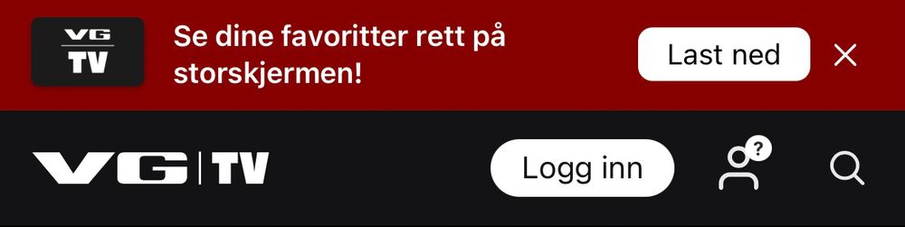 Topmost portion of a screen shot, showing the name of the TV station (VG | TV) and a log in button spelled “logg inn”