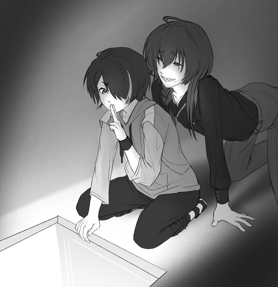 Shinobu Sengoku and Mayoi Ayase crouched near a bright vent opening in greyscale
