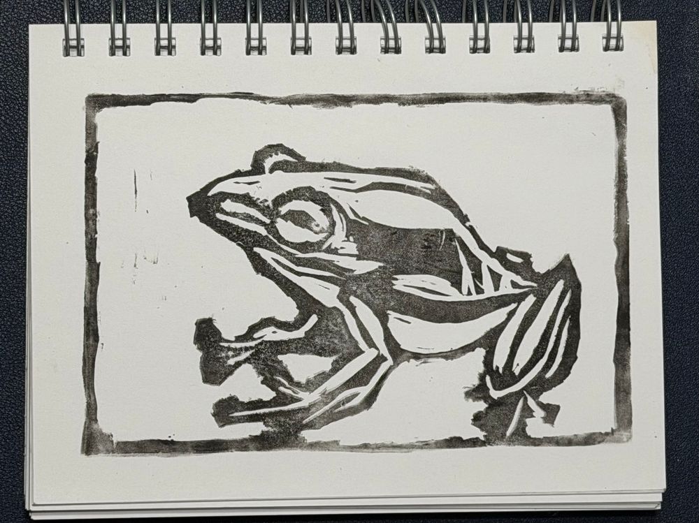 A black and white ink print of a frog made using linocut 