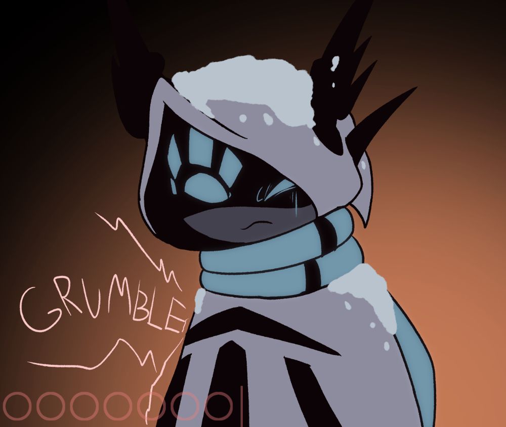 Singing Tundra flinching at her stomach rumbling for food, snow covers her shoulders and head as her lights are dim. Her food pips show starvation