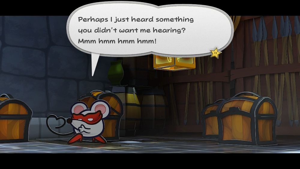 Paper mario the thousand year door screenshot. A mouse character is looking away and covering her mouth in a coy way. Her faces takes up basically her entire body, so it’s a slightly goofy looking affect