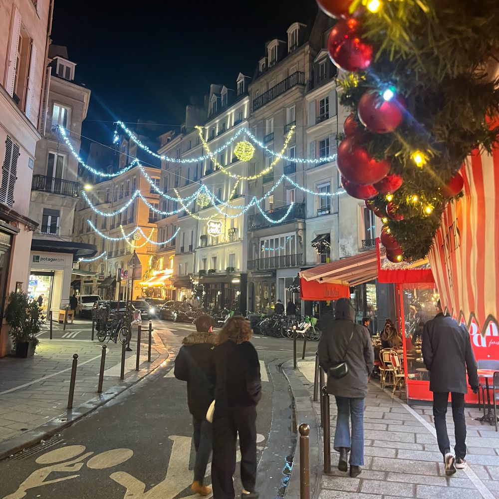Street in Paris, decorated with lights