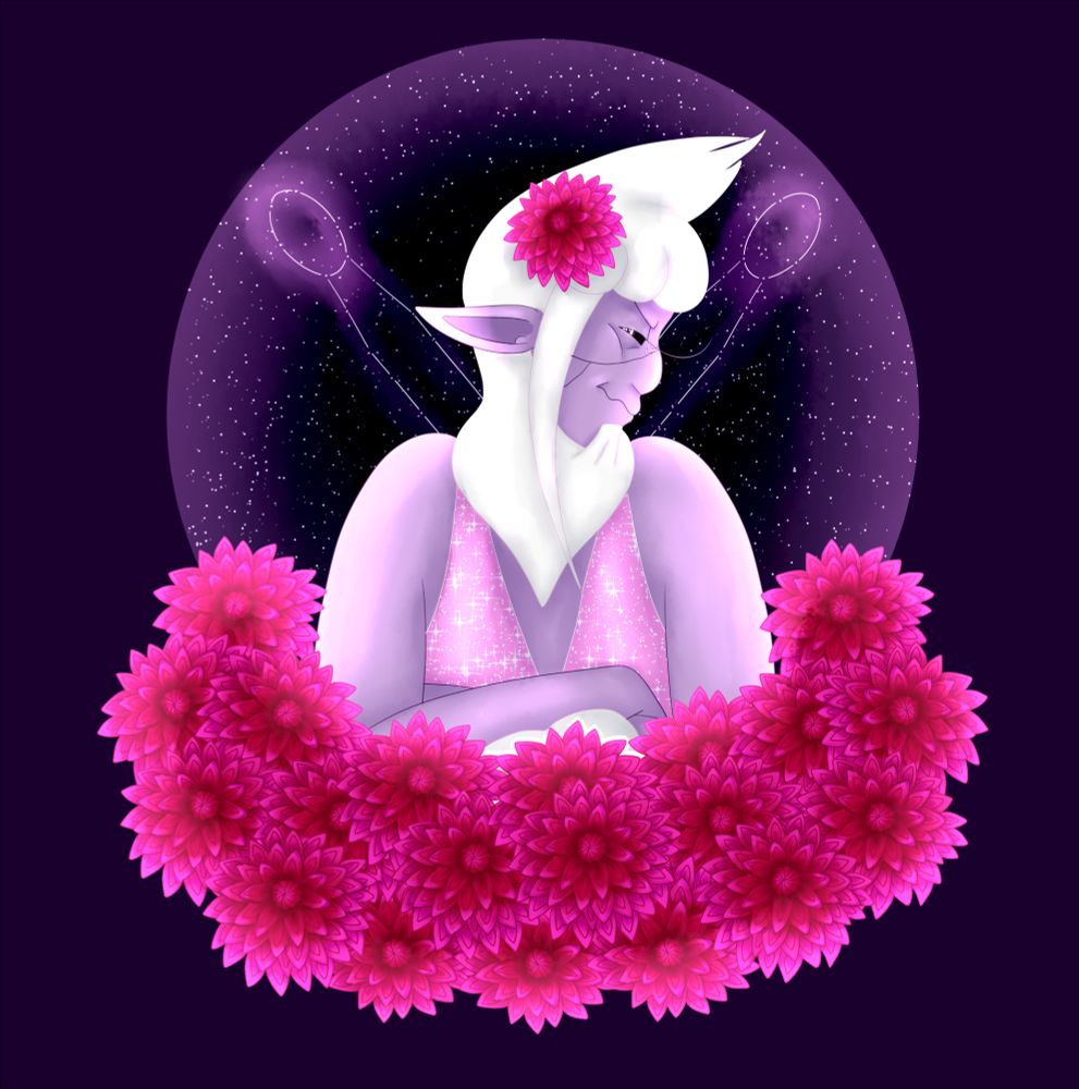 A portrait of Wesley. Wesley is a thin alien with purple skin and pointy, elflike ears and short, white hair that sticks up atop their head and has front bangs. Their eyes are black, with white pupils that are glowing pink. There is also a collar of fur around their neck, connected to their chin and hairline like a beard. Their face has a large crack going down it, and freckles on their nose. Instead of nails, their feet and hands have pointed claws on them, and their forearms bear white wings. They are wearing a sparkly, pink, deep V necked, sleeveless bodysuit. Their arms are crossed and their head is turned away from the camera angrily.  In their hair is a pink dahlia, matching the assortment of flowers at the bottom of the canvas. There is a star chart in the background behind them, showing a constellation of drumsticks. A pink glow surrounds the entire portrait.