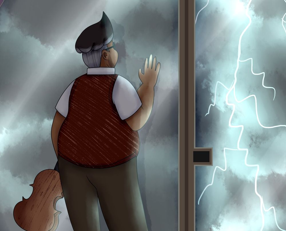 The second preview is an image of Tydus, a character not introduced in the comic yet. He is standing by a glass door, curiously looking out of the window as it thunders outside. The thunder is cyan coloured, the same colour as Beatrice's aptitude. In his hand he is holding a violin. 