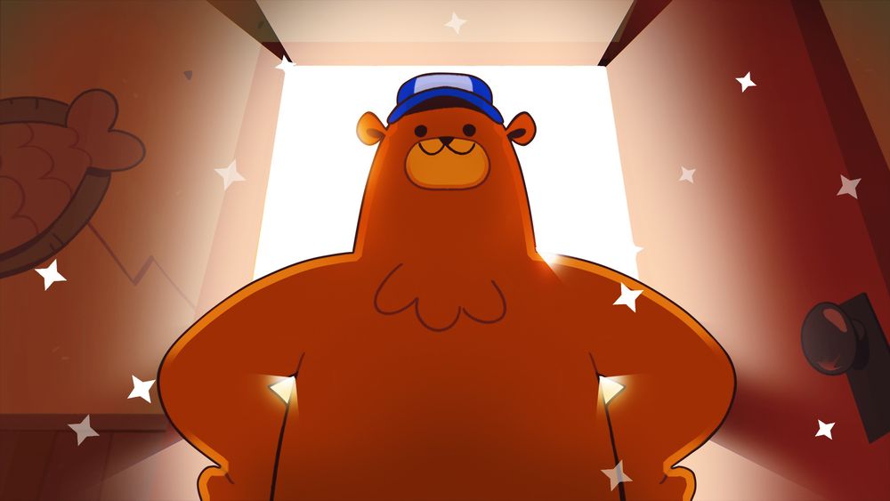 Illustration of of Hank the bear, wearing a blue cap, having entered a room, with a bright shining light behind him.
