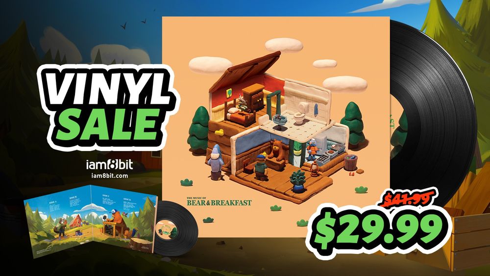 An image showing a sale for the Vinyl containing Bear and Breakfast's soundtrack. Text on the image reads "VYNIL SALE" and "29.99" instead of "41.99" alongside the logo for iam8bit.