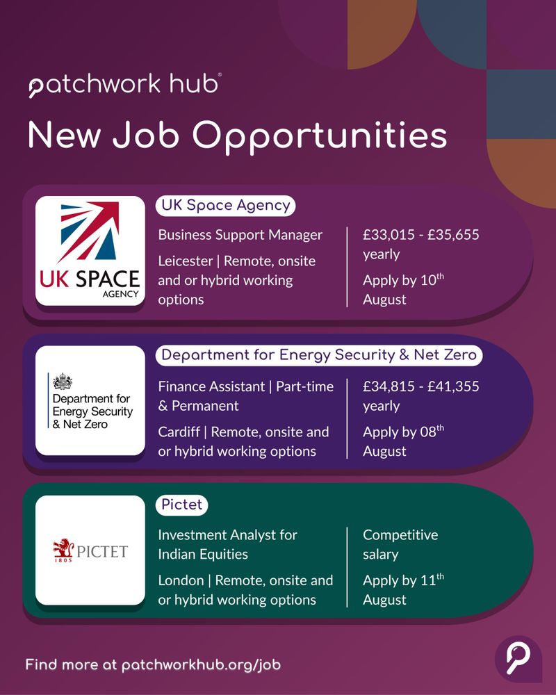 Purple graphic listing 3 finance and accounting job opportunities from three top employers: Uk Space Agency, Department for Energy Security & Net Zero, and Pictet. Each job includes role title, location/flexibility, salary range, and application deadline detailed in the caption. CTA reads: “Find out more & apply at patchworkhub.org/job” with Patchwork Hub branding and logo.
