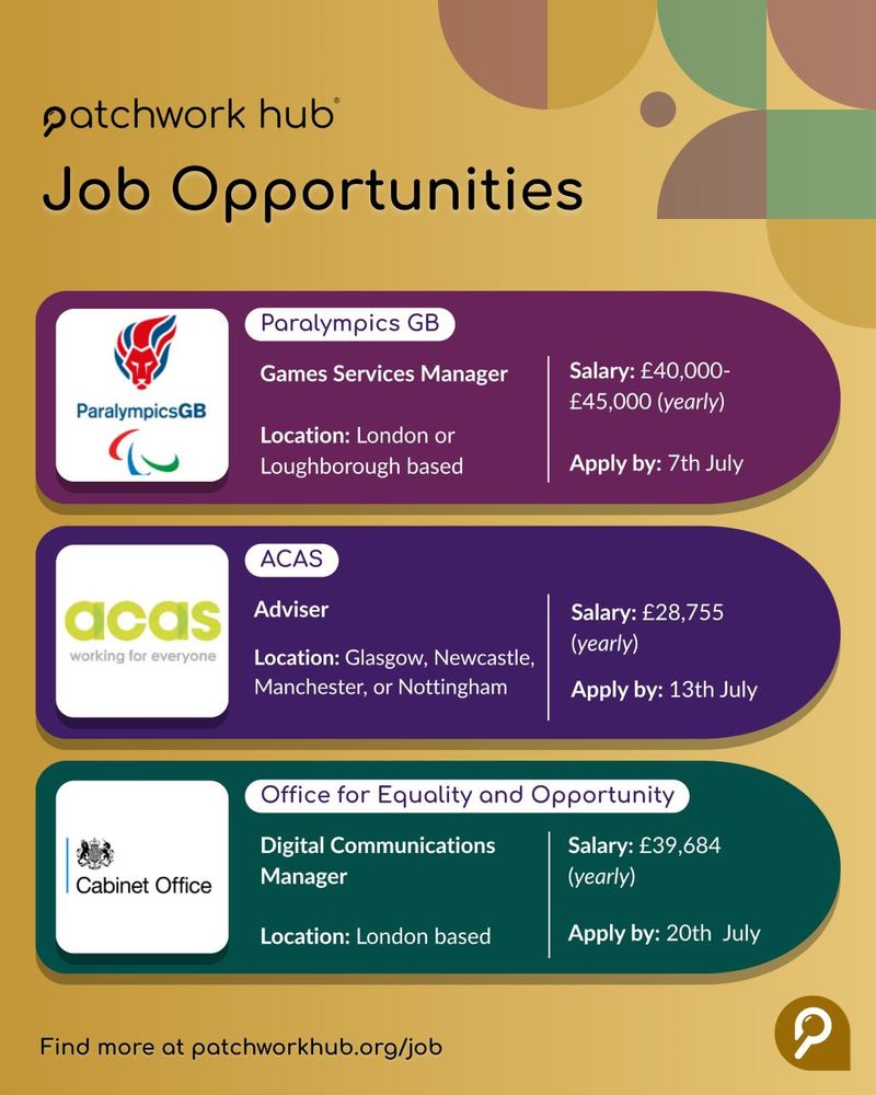 Graphic with a gold gradient background and abstract pattern. Features three company logos in coloured backgrounds with job details attached: Games Services Manager, Paralympics GB; Adviser, Advisory, Conciliation and Arbitration Service; Digital Communications Manager, Office of Equality and Opportunity. Text at the bottom reads: 'Apply now at patchworkhub.org/job'.