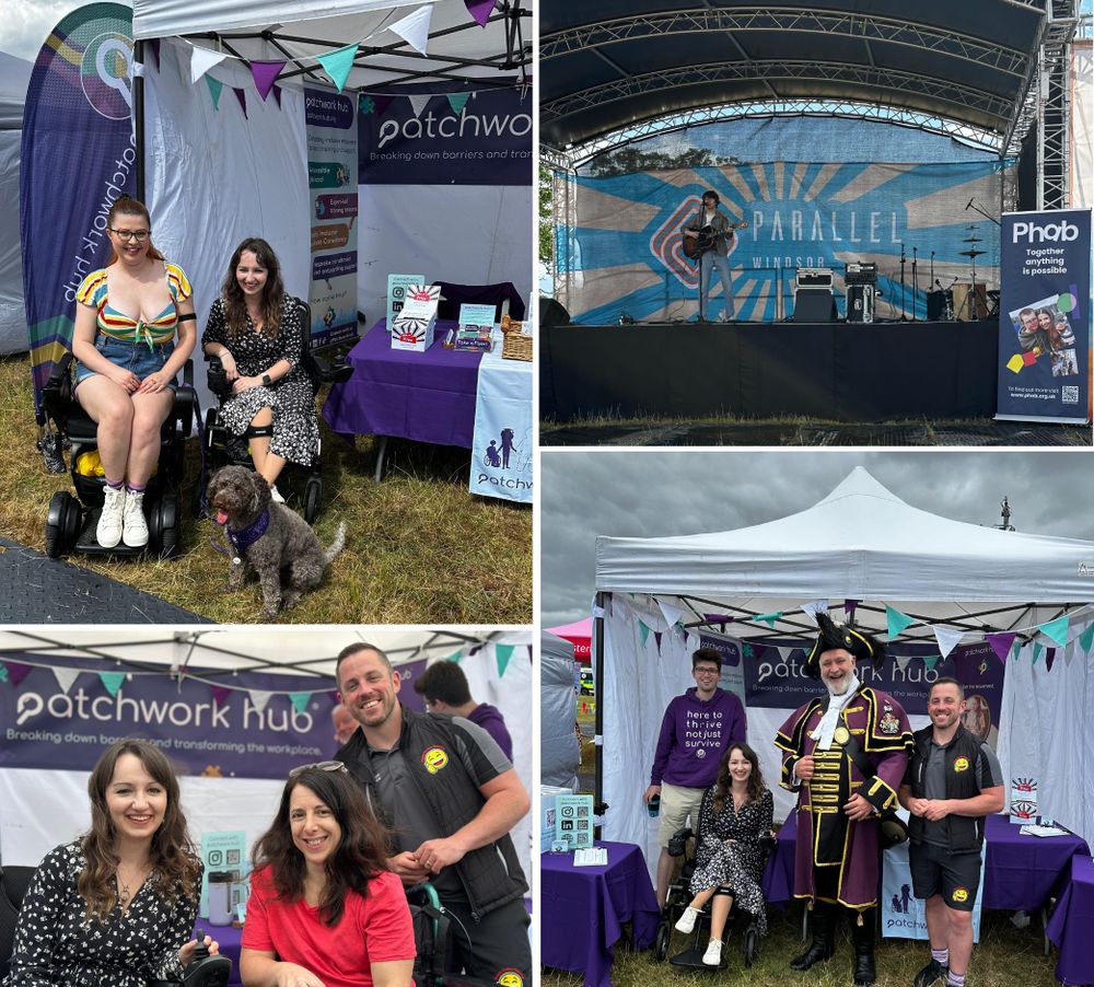 A collage of 4 photos from Parallel Windsor in Windsor Great Park. From left to right: Image 1 shows Beth and Jenni (and Coco the dog) sitting together at Patchwork Hub’s stand and gazebo. Image 2 is James Holt singing on stage in front of the Parallel Windsor banner. Image 3 shows Beth, Georgina and Alex smiling together. Image 4 shows Beth, Dan Alex and Patchwork Hub’s best-dressed visitor, the lovely town crier together with some threateningly grey clouds behind. 